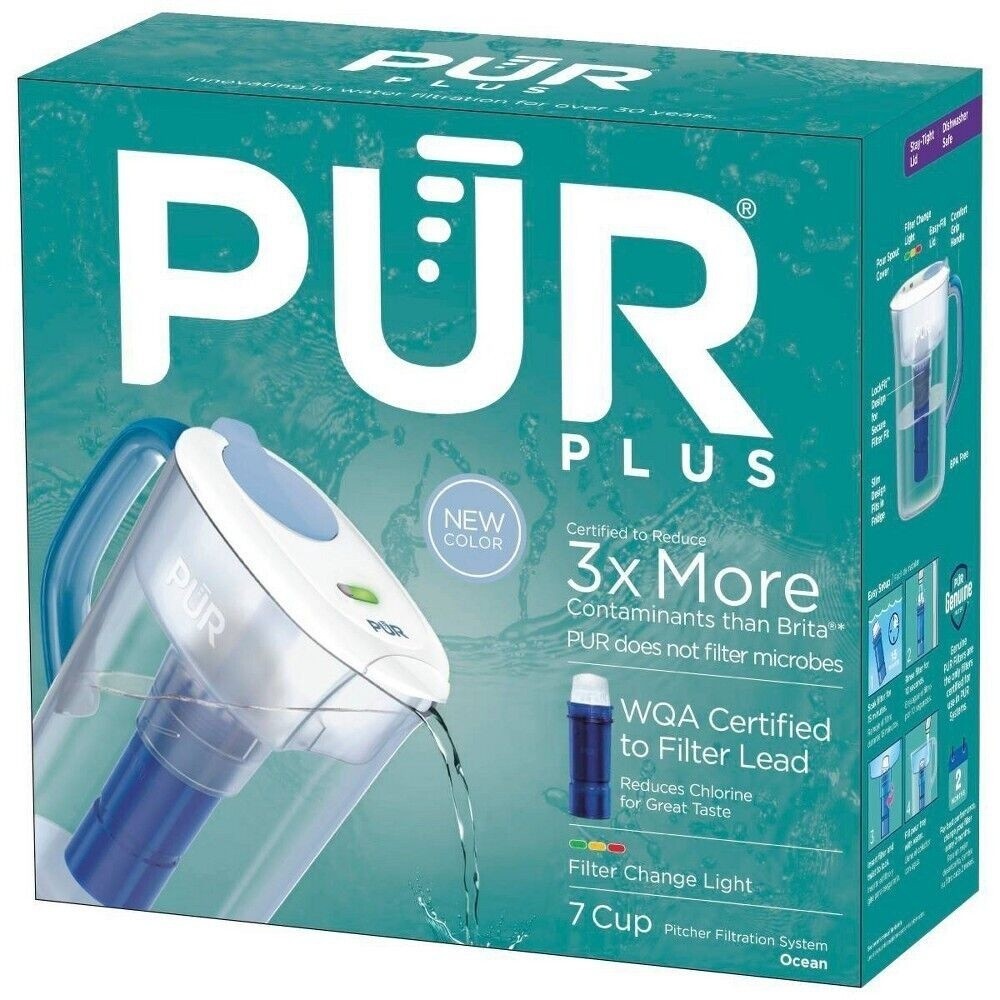 PUR PLUS 7 Cup Pitcher Water Filtration System Change Filter Light - Ocean Color